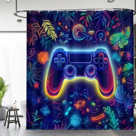 Aimego Gamer Kids Shower Curtain - Video Games Gamepad Anime Fairy Botanical Leaves Game Gaming Player Fabric Cloth Shower Curtains Set with 12 Hooks for Adults Boys Bathroom Decor, 72"x72"