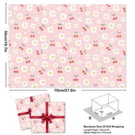 White and Yellow Daisy with Red Cherries on Pink Gift Wrapping Paper, 4 Sheets for Kids Girls Boys Flower Gift Wrap for Birthday, Baby Shower, Wedding, Christening