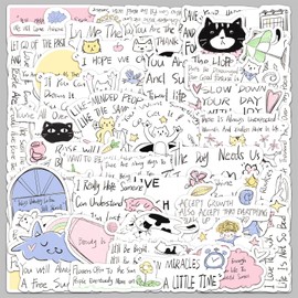 50Pcs Friendly Words Stickers,Vinyl Healing Words Stickers Cute Cat Decals for Laptops and Water Bottles Warm Words Scrapbook Sticker for Planner Bullet Junk Journal (Words)