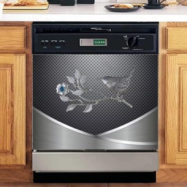 IMIT Stainless Steel Bird Flower Dishwasher Magnet Cover, Stainless Steel Magnetic Dishwasher Panel Decal, Bird Flower Magnet Refrigerator Skin Cover, Vinyl Decal (Removable, 23" x 17" Magnetic)