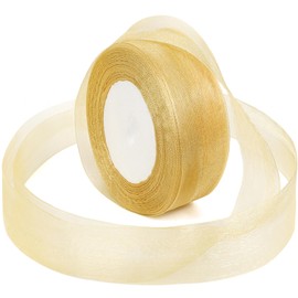 Gold Ribbon for Gifts Wrapping, 1-1/2 inch 50Yard Sheer Organza Chiffon Fabric Ribbon, 1.5 inch Mesh Ribbons for Flower Bouquet, Wedding, Crafts, Decoration, Present