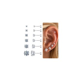 TINGN 6 Pairs of Stud Earrings 925 Silver for Men and Women Small Flatback Stud Piercing CZ / Pearls / Round Ball Screw Flat Back Cartilage Earrings Set, Silver