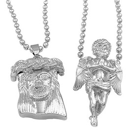 NIV'S BLING Jesus and Angel Pendant Iced CZ with FREE 30" Ball Chain Necklace | 18K White Gold Plated Chains for Men and Women Jewelry Set