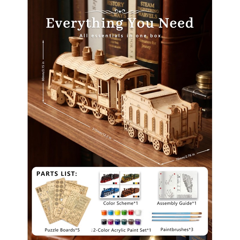 BOOZUU 3D Wooden Steam Train Puzzle for Adults, Build and