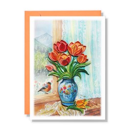 MeeSunnie Happy Birthday Mother Day Flower Quilling Quilled Card, Seasonal Greeting Card for All Occasions, Watercolor Classy Card for Her, Mom (Tulip with American Robin)