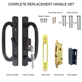 ALLYWASAI Patio Sliding Door Handle Set with Mortise Lock, Key Cylinder and Keeper, Replacement Handle Lock Set Fits Door Thickness from 1-1/2" to 1-3/4", 3-15/16" Screw Hole Spacing, Keyed, Black
