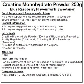 Peak Supps Creatine Monohydrate Powder - Blue Raspberry - Micronised (250g)