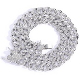 EMESLY Solid Miami Cuban Link Chain Gold/Silver Necklace (16, 18, 20, 22, 24, 30 Inches Length); Hip Hop Bracelet (7.87 inch Length) for Men & Women; Perfect Iced Out Bling Jewelry Gift, Metal, Silver A B1 13mm,18.00