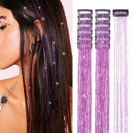 Hair Tinsel 12 Pcs Clip in Hair Tinsel Kit for Girls 20.5 Inch Glitter Shiny Sparkly Fairy Tinsel Hair Extensions Heat Resistant Party Festival Accessories for Women Kids (Purple)