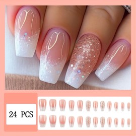 Gradient Glitter Press on Nails Medium Square with Silver Glitter Design White French Tips Glossy Nude Flash Sequins Fake Nails for Women Girls Manicure Decoration 24Pcs