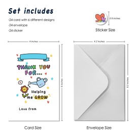 TwoDays Cute Teacher Appreciation Cards with Envelope and Sticker, Teacher Thank You Cards Bulk Gifts from Students Kids, Thank You for Helping Me Grow Card (Set of 24)