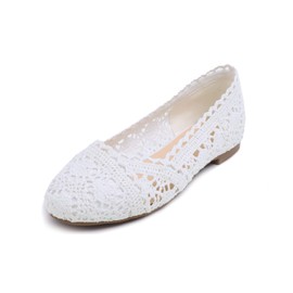 FEVERSOLE Women's Comfort Breathable Knit Crochet Shoes Lace Ballet Flats Round Toe White Size 8.5 M US