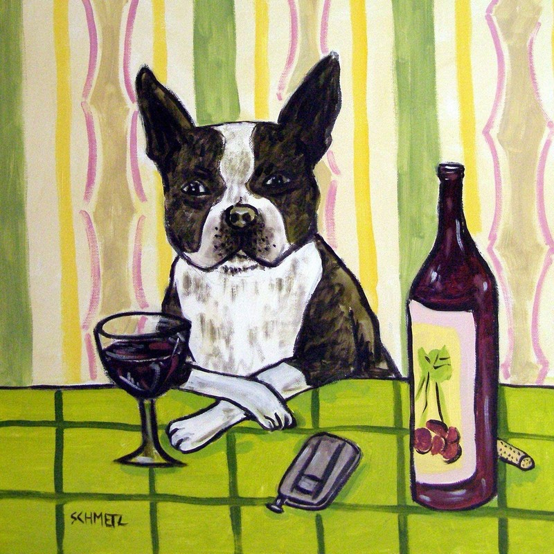 Boston Terrier at the Wine Bar dog art tile coaster