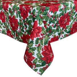 Waverly Big Mistletoe Fabric Christmas Tablecloth - Bold Cottage Poinsettia Holly and Berries Holiday Tablecloth, 52" x 52" Square