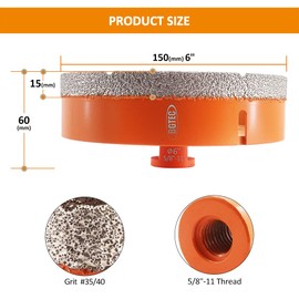 Dry Diamond Core Drill Bits,BGTEC 1pc 6" 150mm Diamond Hole Saw with 5/8-11 Thread for Porcelain Tile,Ceramic Granite Marble Stone Masonry Brick