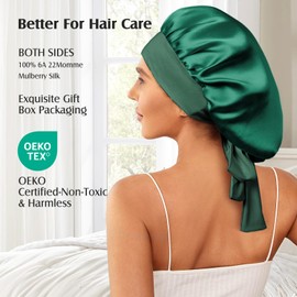 YFONG 100% 22 Momme Mulberry Silk Bonnet for Sleeping Women, Larger Double Layer Silk Hair Wrap for Curly Short Long Hair, Non-Slip Sleep Cap Turban with Elastic Tie Band for Hair Care, Green