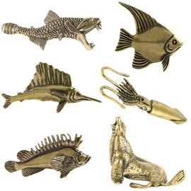 SnowOwl - Estatuas de león marino con diseño de peces dorados, escultura de metal sólido, mini figura de animales para decoración de computadora en casa, oficina, jardín, 6 piezas (Bronce6-09)
