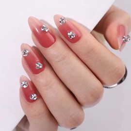 Rose Red Press on Nails Almond Fake Nails Press ons with Designs Rhinestone False Nails Glitter Glossy Full Cover Gel Acrylic Glue on Nails Stick on Nails for Women Manicure 30Pcs