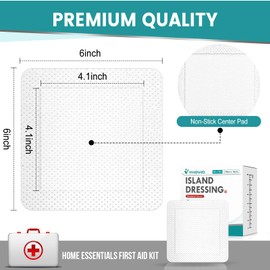 50 Count Island Dressing Bordered Gauze 6" x 6", Gauze Pads Individually Wrapped, Non-Stick Pad in Center with Adhesive Border, Bandages for Wounds, First Aid