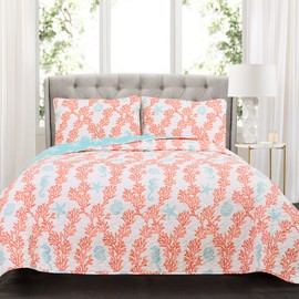Lush Decor Dina 3 Piece Quilt Set, Full/Queen, Blue/Coral
