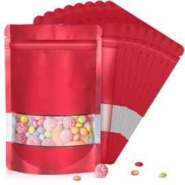 7.1"x10.2" 1 Quart 120pcs Mylar Bags for Food Storage,Smell Proof Bags with Matte Window Resealable Food Storage Bags for Small Business, Stand-up Foil Pouch Packaging Snack Bags for Self Sealing（Red）