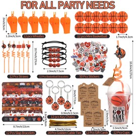 LiYiQ 158 Pcs Basketball Party Favors Basketball Party Supplies with Cup Straw Stress Ball Keychain Sticker Slaps Bracelets Whistle Thank You Tags for Basketball Birthday Decorations (Basketball)