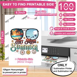 TECKWRAP Sublimation Paper 8.3 x 11.7 Inch 100 Sheets 120gsm Work with Sublimation Printer and Ink, Colorful White Glitter HTV Heat Transfer Vinyl 12 x 60 Inch for Polyester T-Shirts, Light Fabric