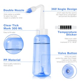 URAQT Neti Pot, Nasal Rinse Kit Nose Wash Cleaner, 300ml Sinus Rinse Bottle with 20 Nasal Wash Salt Packets and 10 Thermometer Sticker, Pressure Rinse Nasal Irrigation for Adult and Kid BPA Free