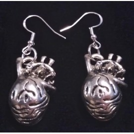 Silver Knight 3D Detailed Antique Silver Reversible Anatomical Heart Organ Earrings on Sterling Silver Hooks in a velvet Jewelry Bag
