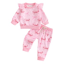 XIXIMAON Baby Girls 2 Pieces Fall Clothes Bow Print Long Flying Sleeve Pullover Sweatpants Set Toddler Girls Waffle Knit Tracksuit Christmas Outfits