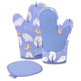 BREENHILL Oven Mitts and Pot Holders Set, Blue Bear 3 Count, Heat Resistant Cotton Oven Mitts Gloves with Non-Slip Silicone Texture for Kitchen Home Barbecue