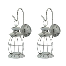 Set of 2 Rustic Distressed White Metal Wall Mounted Railroad Lantern Hanging Candle Sconces - Easy to Hang - Western or Farmhouse Décor - 16.25 Inches High
