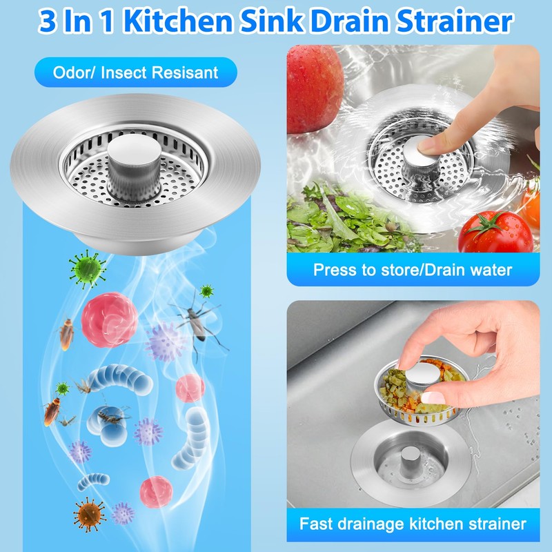 Telsitine Upgraded 3-in-1 Kitchen Sink Drain Strainer, 304 Stainless Steel