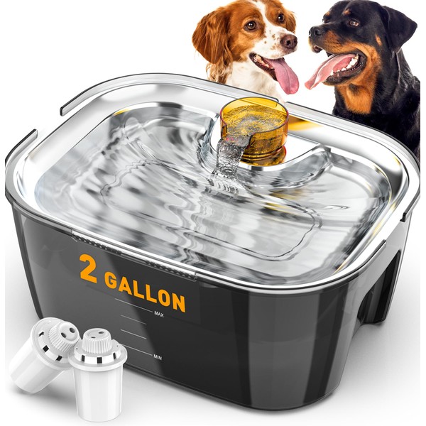 Dog Water Fountain,Dog Water Bowl Dispenser 2 Gallon for Giant Dogs,Extra Large Stainless Steel Filtered Bowls,Inside Automatic Cat Fountains Drinking Waterfall XL for Multiple Pets,Easy to Clean