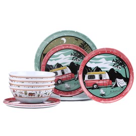 Molidiki Melamine Dinnerware Sets, 12pcs Plates and Bowls Sets, Service for 4, Indoor and Outdoor use Dish Set, break-resistant (red car)