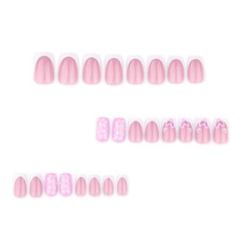 24 Pcs Spring Summer Press on Nails Medium Short Square, ZIFANHU White French Fake Nails Press ons Flowers Nail Tips Acrylic Kit Glue on Nails Full Cover Pink False Nails Stick on Nails for Women
