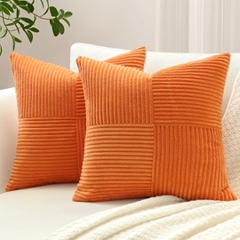 Sungeek Set of 2 Corduroy Cushion Covers, Cross Stripes Pattern, Corduroy Cushion Cover, Sofa Cushion, Decorative Patchwork Design, Decorative Cushion Covers for Living Room (50 x 50 cm, Orange)