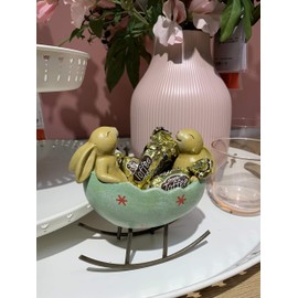 Easter Bunny Decor -Laughing Bunny Rabbits Rocking in an Egg Cradle Figurine Statue, Vintage Rustic Country Bunnies Rabbit Figurine for The Home Cute Bunny Candy Dish