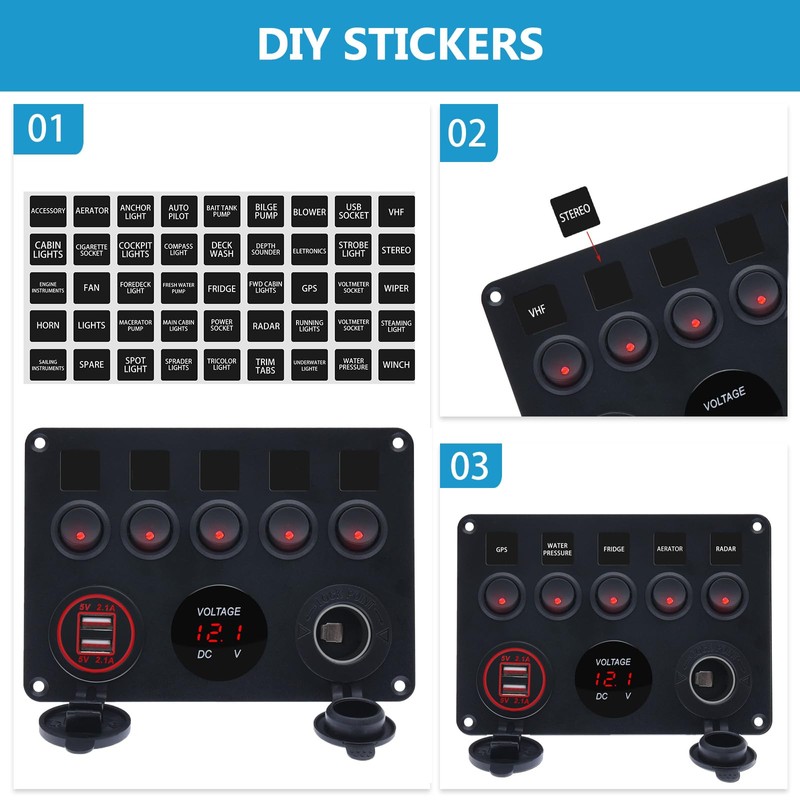 5 Gang Marine Toggle Switches Waterproof Rocker Switch Panel for