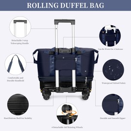 Rolling Duffel Bag with Detachable Wheels & Handle,Expandable Foldable Travel Duffle Bag,Carry on Luggage Large Tote Bag for Gym Overnight Weenkend Trip(Navy Blue)