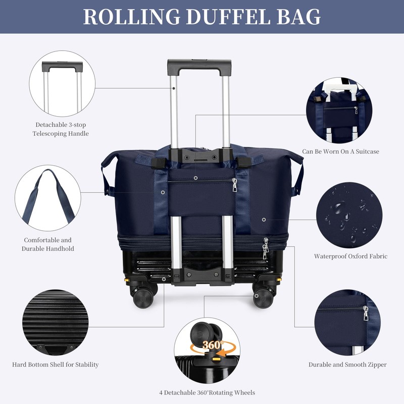 Rolling Duffel Bag with Detachable Wheels & Handle,Expandable Foldable Travel