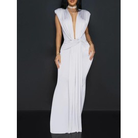 Ekaliy Women's Elegant Sleeveless Deep V Neck Bodycon Party Evening Gown Maxi Dress Formal Dresses White L