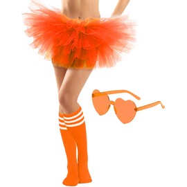 NSODREEM Adult Tutus for Women, 5 Layered Tulle Tutu Skirt Set with Heart Sunglasses and Knee High Socks Colorful Party Favors (Orange)
