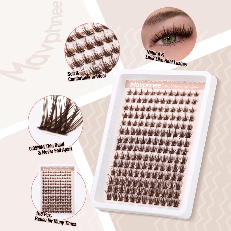 Mavphnee Brown Lash Clusters 168 Pcs Natural Looking 8-16MM Eyelash