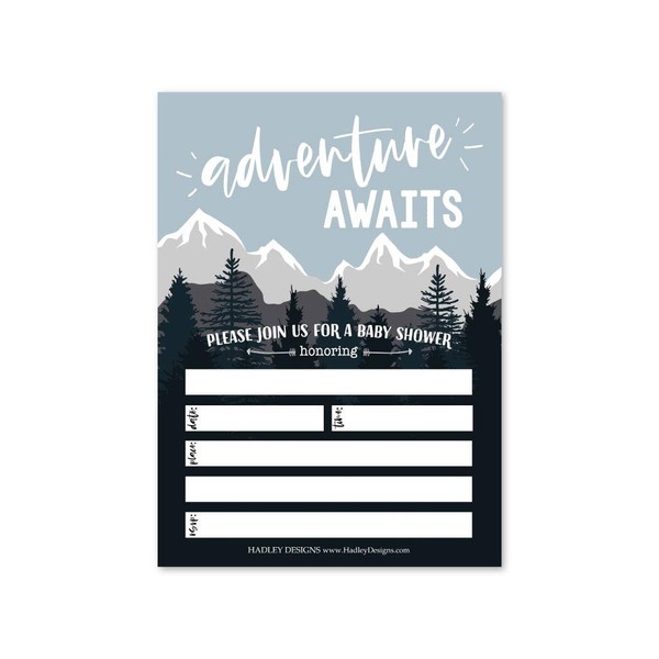 25 Mountain Adventure Baby Shower Invitations, Sprinkle Invite for Boy, Coed Forest Rustic Gender Reveal Theme, Cute Boho Blue DIY Fill or Write in Blank Printable Card, Camping Wood Party Supplies