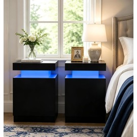 Black Nightstands Set of 2, LED End Table for Bedroom, Modern Bedside Table with Door One Storage Cabinet, Night Stand with Led Light