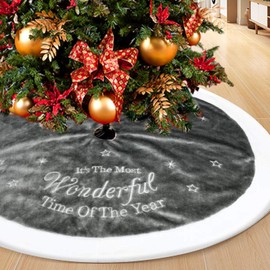 Christmas Tree Skirt Grey 35inch/90cm Round Xmas Christmas Decorations Ornaments Faux Fur Trim Xmas Tree Skirt Base Cover for Home Christmas Party Decor(90cm)