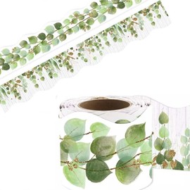 FRYSMU 2 sides printed Bulletin Board Borders Classroom Decor Bulletin Decor Spring Decorations Eucalyptus Die-Cut Wall Sign Spring Trim Decals Tropical Leaves Greenery Wall Restroom Decoration Green (49ft)