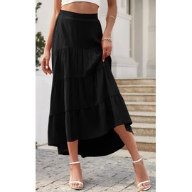 PRETTYGARDEN Solid Color Casual Long Skirts for Women Trendy Summer Flowy Boho High Waist A-Line Midi Skirt High Low Hem (Black, Medium)