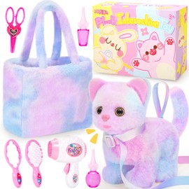 NINAOR Plush Interactive Cat Toys for Kids with Tote Bags, Stuffed Robot Pet Kitten with Leash Walking Meow Pretend Play, Realistic Cute Stuff Fidget Toys for Toddler Stocking Stuffers Birthday Gifts